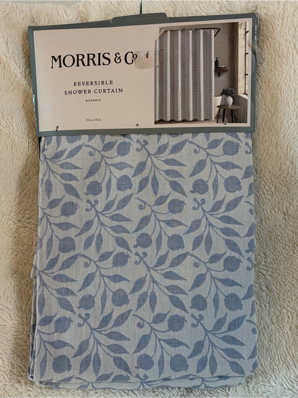 NWT Morris & Co. Reversible Shower Curtain Roseship Blue Floral 72x72